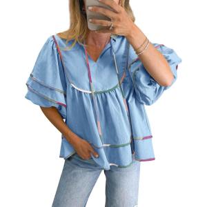 imageCicy Bell Womens Summer Babydoll Tops V Neck Short Lantern Sleeve Shirts Cute Loose Fit Peplum Flowy BlousesSky Blue
