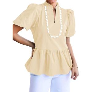 imageCicy Bell Womens Puff Sleeve Peplum Blouses Ruffle V Neck Summer Casual Tops Babydoll Loose Fit ShirtsApricot