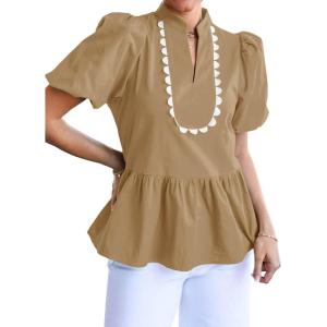 imageCicy Bell Womens Puff Sleeve Peplum Blouses Ruffle V Neck Summer Casual Tops Babydoll Loose Fit ShirtsCamel