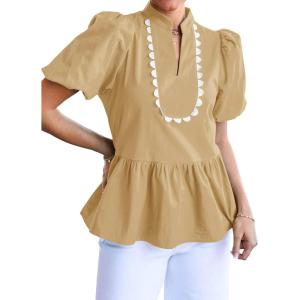 imageCicy Bell Womens Puff Sleeve Peplum Blouses Ruffle V Neck Summer Casual Tops Babydoll Loose Fit ShirtsKhaki