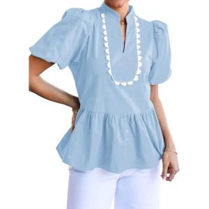 imageCicy Bell Womens Puff Sleeve Peplum Blouses Ruffle V Neck Summer Casual Tops Babydoll Loose Fit ShirtsSky Blue