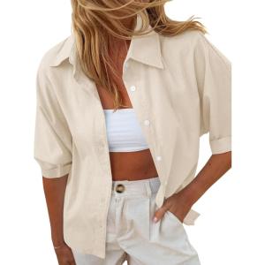 imageCicy Bell Womens Summer Button Down Shirts Short Sleeve Collared Dressy Casual Blouses Work Loose Fit TopsApricot