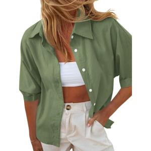 imageCicy Bell Womens Summer Button Down Shirts Short Sleeve Collared Dressy Casual Blouses Work Loose Fit TopsArmy Green