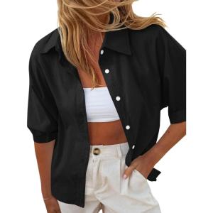 imageCicy Bell Womens Summer Button Down Shirts Short Sleeve Collared Dressy Casual Blouses Work Loose Fit TopsBlack