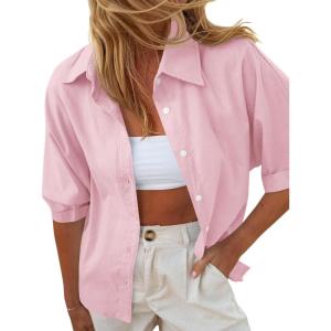 imageCicy Bell Womens Summer Button Down Shirts Short Sleeve Collared Dressy Casual Blouses Work Loose Fit TopsPink