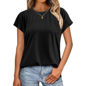 imageCicy Bell Womens Summer Pleated T Shirts Batwing Short Sleeve Casual Crew Neck Tunic Tops Loose Fit Basic TeesBlack
