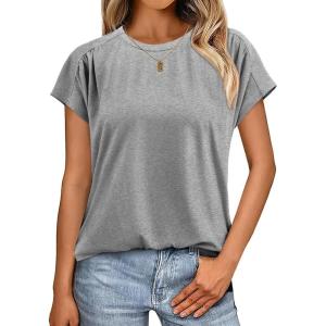 imageCicy Bell Womens Summer Pleated T Shirts Batwing Short Sleeve Casual Crew Neck Tunic Tops Loose Fit Basic TeesGrey