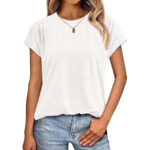 imageCicy Bell Womens Summer Pleated T Shirts Batwing Short Sleeve Casual Crew Neck Tunic Tops Loose Fit Basic TeesWhite