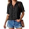 imageCicy Bell Womens Puff Short Sleeve Button Down Shirts Summer Casual Collared V Neck Blouse Linen Loose Fit Work TopsBlack