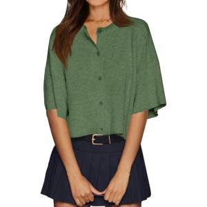 imageCicy Bell Womens Half Sleeve Cardigan Sweaters Cropped Button Down Tops Oversized Lightweight Ribbed Knit Summer OutfitsArmy Green