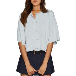 imageCicy Bell Womens Half Sleeve Cardigan Sweaters Cropped Button Down Tops Oversized Lightweight Ribbed Knit Summer OutfitsGrey Blue