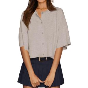 imageCicy Bell Womens Half Sleeve Cardigan Sweaters Cropped Button Down Tops Oversized Lightweight Ribbed Knit Summer OutfitsKhaki
