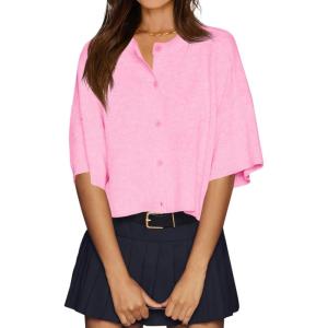 imageCicy Bell Womens Half Sleeve Cardigan Sweaters Cropped Button Down Tops Oversized Lightweight Ribbed Knit Summer OutfitsPink