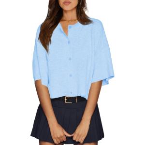 imageCicy Bell Womens Half Sleeve Cardigan Sweaters Cropped Button Down Tops Oversized Lightweight Ribbed Knit Summer OutfitsSky Blue