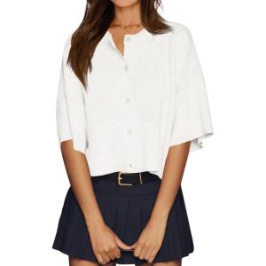 imageCicy Bell Womens Half Sleeve Cardigan Sweaters Cropped Button Down Tops Oversized Lightweight Ribbed Knit Summer OutfitsWhite