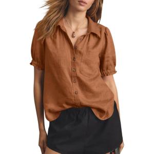imageCicy Bell Womens Puff Short Sleeve Button Down Shirts Summer Casual Collared V Neck Blouse Linen Loose Fit Work TopsBrown