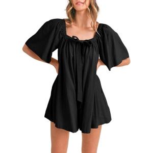 imageCicy Bell Womens Summer Square Neck Romper Short Sleeve Backless Tie Front Flowy Short Jumpsuit Beach Vacation OutfitsBlack