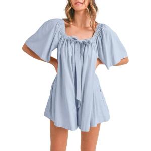 imageCicy Bell Womens Summer Square Neck Romper Short Sleeve Backless Tie Front Flowy Short Jumpsuit Beach Vacation OutfitsLight Blue