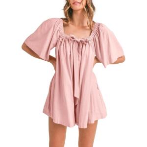 imageCicy Bell Womens Summer Square Neck Romper Short Sleeve Backless Tie Front Flowy Short Jumpsuit Beach Vacation OutfitsLight Pink