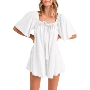 imageCicy Bell Womens Summer Square Neck Romper Short Sleeve Backless Tie Front Flowy Short Jumpsuit Beach Vacation OutfitsWhite
