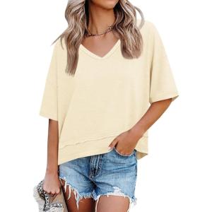 imageCicy Bell Womens Summer V Neck T Shirts Casual Short Sleeve Flowy Tops Cute Loose Fit Basic TeesApricot