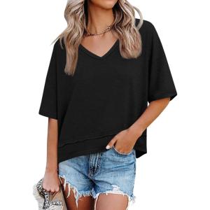 imageCicy Bell Womens Summer V Neck T Shirts Casual Short Sleeve Flowy Tops Cute Loose Fit Basic TeesBlack