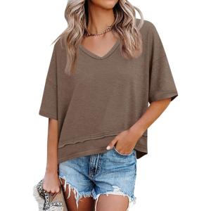 imageCicy Bell Womens Summer V Neck T Shirts Casual Short Sleeve Flowy Tops Cute Loose Fit Basic TeesBrown