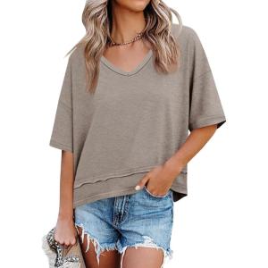 imageCicy Bell Womens Summer V Neck T Shirts Casual Short Sleeve Flowy Tops Cute Loose Fit Basic TeesKhaki