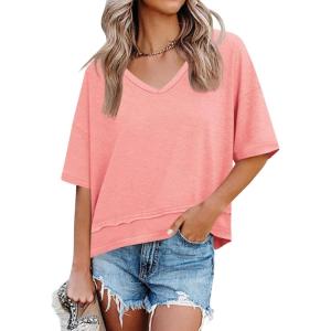 imageCicy Bell Womens Summer V Neck T Shirts Casual Short Sleeve Flowy Tops Cute Loose Fit Basic TeesPink