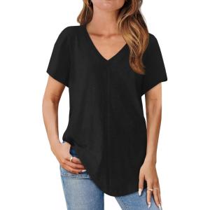 imageCicy Bell Womens V Neck T Shirts Summer Short Sleeve Curved Hem Tops Casual Loose Fit Tunic Basic Tee ShirtsBlack