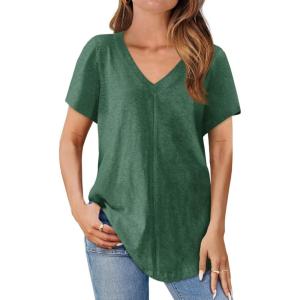 imageCicy Bell Womens V Neck T Shirts Summer Short Sleeve Curved Hem Tops Casual Loose Fit Tunic Basic Tee ShirtsDark Green