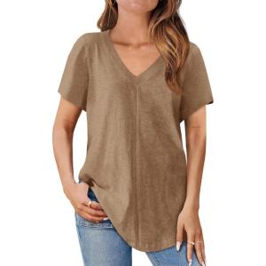imageCicy Bell Womens V Neck T Shirts Summer Short Sleeve Curved Hem Tops Casual Loose Fit Tunic Basic Tee ShirtsDark Khaki