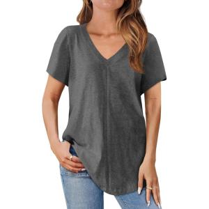 imageCicy Bell Womens V Neck T Shirts Summer Short Sleeve Curved Hem Tops Casual Loose Fit Tunic Basic Tee ShirtsGrey