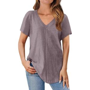 imageCicy Bell Womens V Neck T Shirts Summer Short Sleeve Curved Hem Tops Casual Loose Fit Tunic Basic Tee ShirtsLight Brown