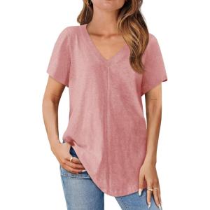 imageCicy Bell Womens V Neck T Shirts Summer Short Sleeve Curved Hem Tops Casual Loose Fit Tunic Basic Tee ShirtsPink