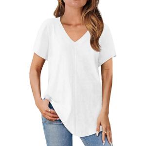 imageCicy Bell Womens V Neck T Shirts Summer Short Sleeve Curved Hem Tops Casual Loose Fit Tunic Basic Tee ShirtsWhite