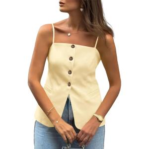 imageCicy Bell Womens Summer Spaghetti Strap Vest Tops Dressy Casual Button Down Waistcoat Fitted Split Hem Sleeveless Suit BlazerBeige