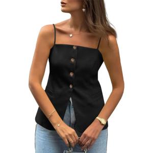 imageCicy Bell Womens Summer Spaghetti Strap Vest Tops Dressy Casual Button Down Waistcoat Fitted Split Hem Sleeveless Suit BlazerBlack