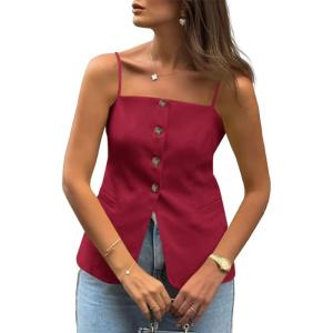imageCicy Bell Womens Summer Spaghetti Strap Vest Tops Dressy Casual Button Down Waistcoat Fitted Split Hem Sleeveless Suit BlazerBurgundy