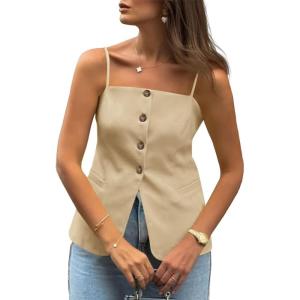 imageCicy Bell Womens Summer Spaghetti Strap Vest Tops Dressy Casual Button Down Waistcoat Fitted Split Hem Sleeveless Suit BlazerKhaki