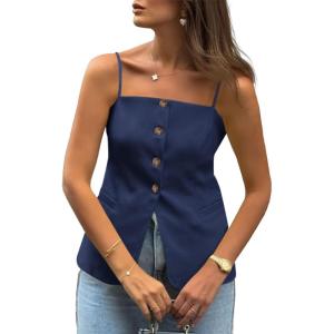 imageCicy Bell Womens Summer Spaghetti Strap Vest Tops Dressy Casual Button Down Waistcoat Fitted Split Hem Sleeveless Suit BlazerNavy Blue