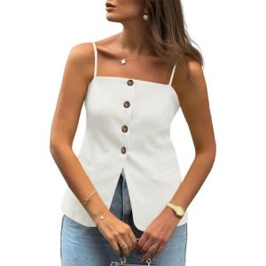 imageCicy Bell Womens Summer Spaghetti Strap Vest Tops Dressy Casual Button Down Waistcoat Fitted Split Hem Sleeveless Suit BlazerWhite