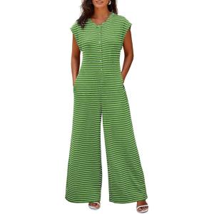 imageCicy Bell Womens Casual Striped Jumpsuits Summer Cap Sleeve Wide Leg Jumper Romper Button Down Travel Beach OutfitsArmy Green