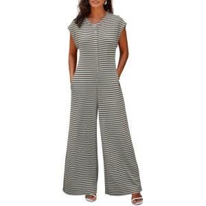 imageCicy Bell Womens Casual Striped Jumpsuits Summer Cap Sleeve Wide Leg Jumper Romper Button Down Travel Beach OutfitsBluegreen