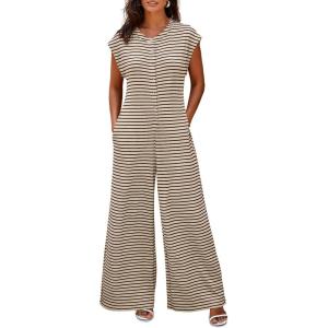 imageCicy Bell Womens Casual Striped Jumpsuits Summer Cap Sleeve Wide Leg Jumper Romper Button Down Travel Beach OutfitsBrown