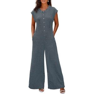 imageCicy Bell Womens Casual Striped Jumpsuits Summer Cap Sleeve Wide Leg Jumper Romper Button Down Travel Beach OutfitsCool Black
