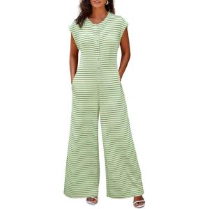 imageCicy Bell Womens Casual Striped Jumpsuits Summer Cap Sleeve Wide Leg Jumper Romper Button Down Travel Beach OutfitsLight Green
