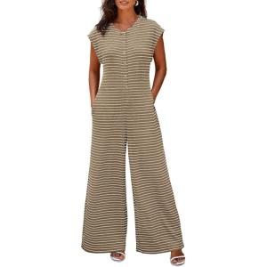 imageCicy Bell Womens Casual Striped Jumpsuits Summer Cap Sleeve Wide Leg Jumper Romper Button Down Travel Beach OutfitsLight Khaki