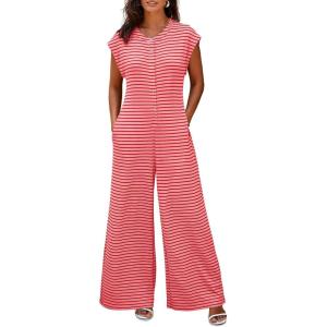 imageCicy Bell Womens Casual Striped Jumpsuits Summer Cap Sleeve Wide Leg Jumper Romper Button Down Travel Beach OutfitsPink