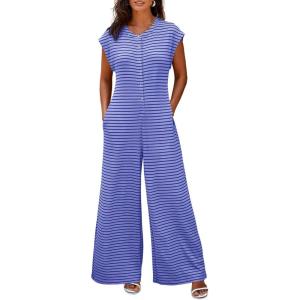 imageCicy Bell Womens Casual Striped Jumpsuits Summer Cap Sleeve Wide Leg Jumper Romper Button Down Travel Beach OutfitsPurple